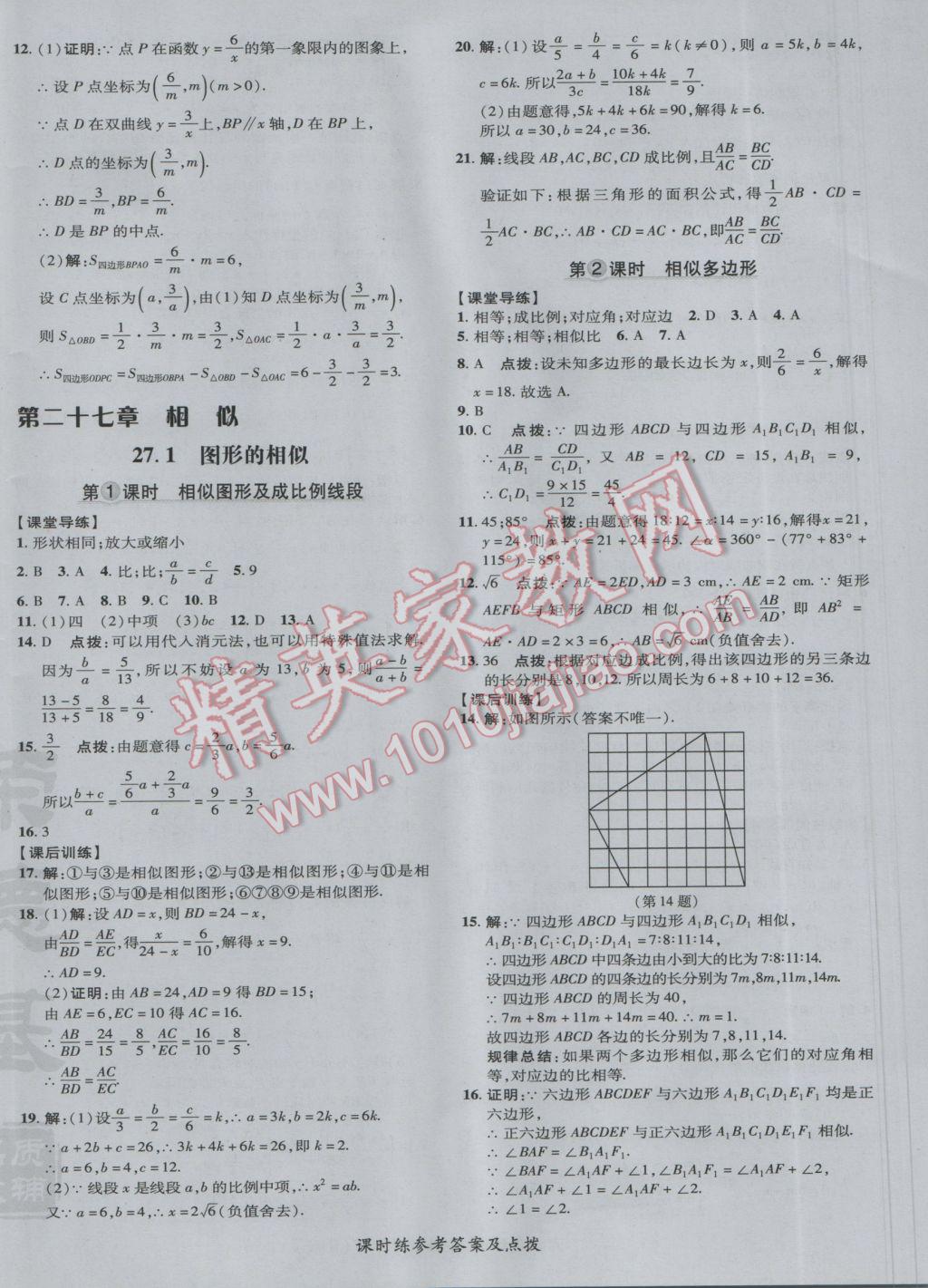 2017年点拨训练九年级数学下册人教版 参考答案第20页