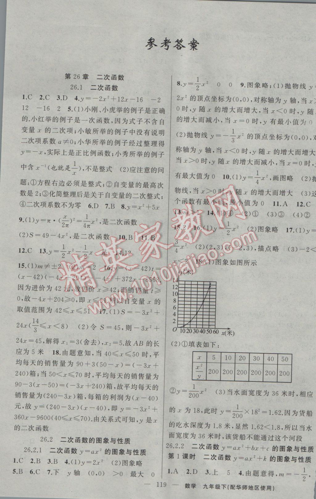 2017年黃岡100分闖關九年級數學下冊華師大版 參考答案第1頁