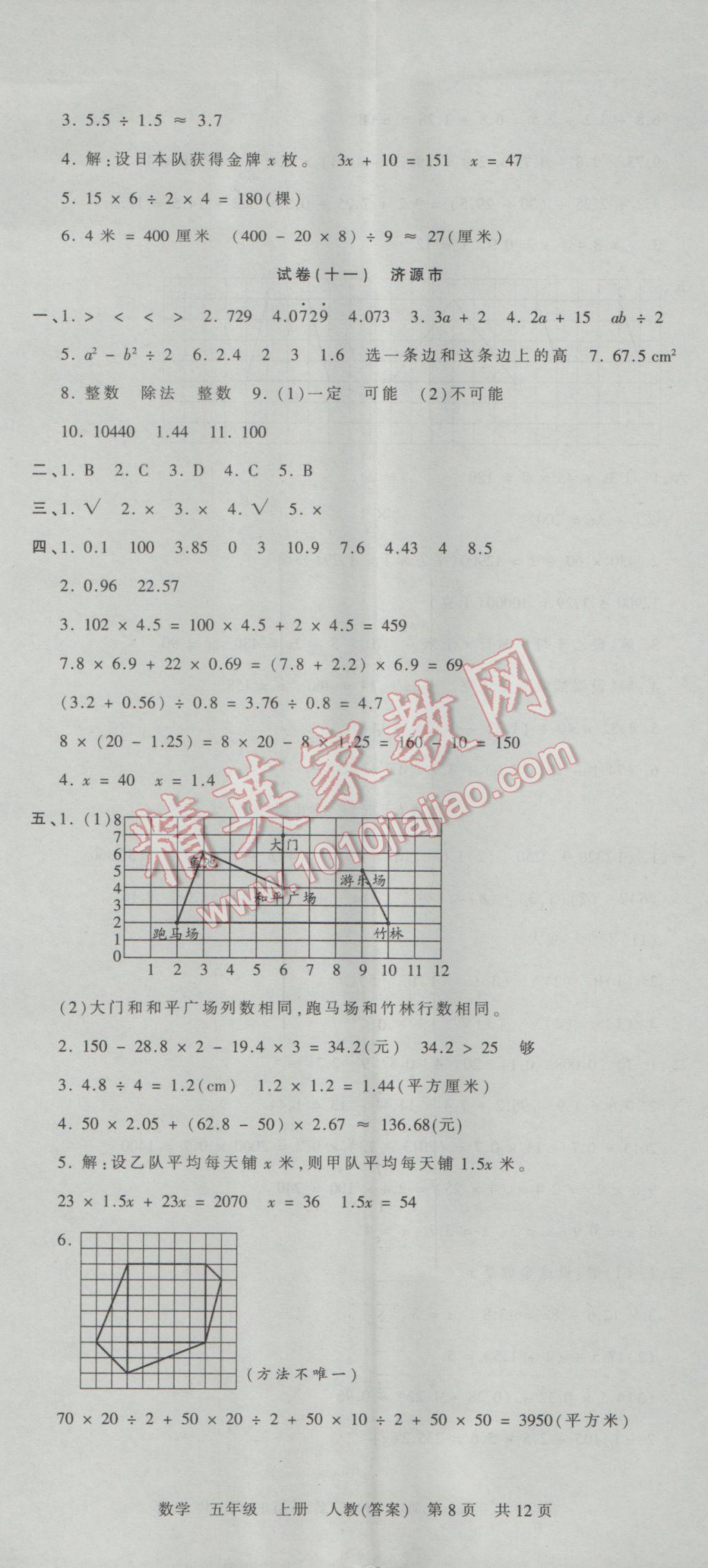 2016年王朝霞各地期末试卷精选五年级数学上册人教版河南专版 参考答案第8页