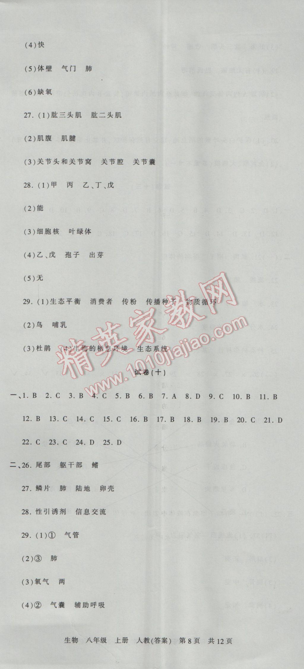 2016年王朝霞各地期末试卷精选八年级生物上册人教版河南专版 参考答案第8页