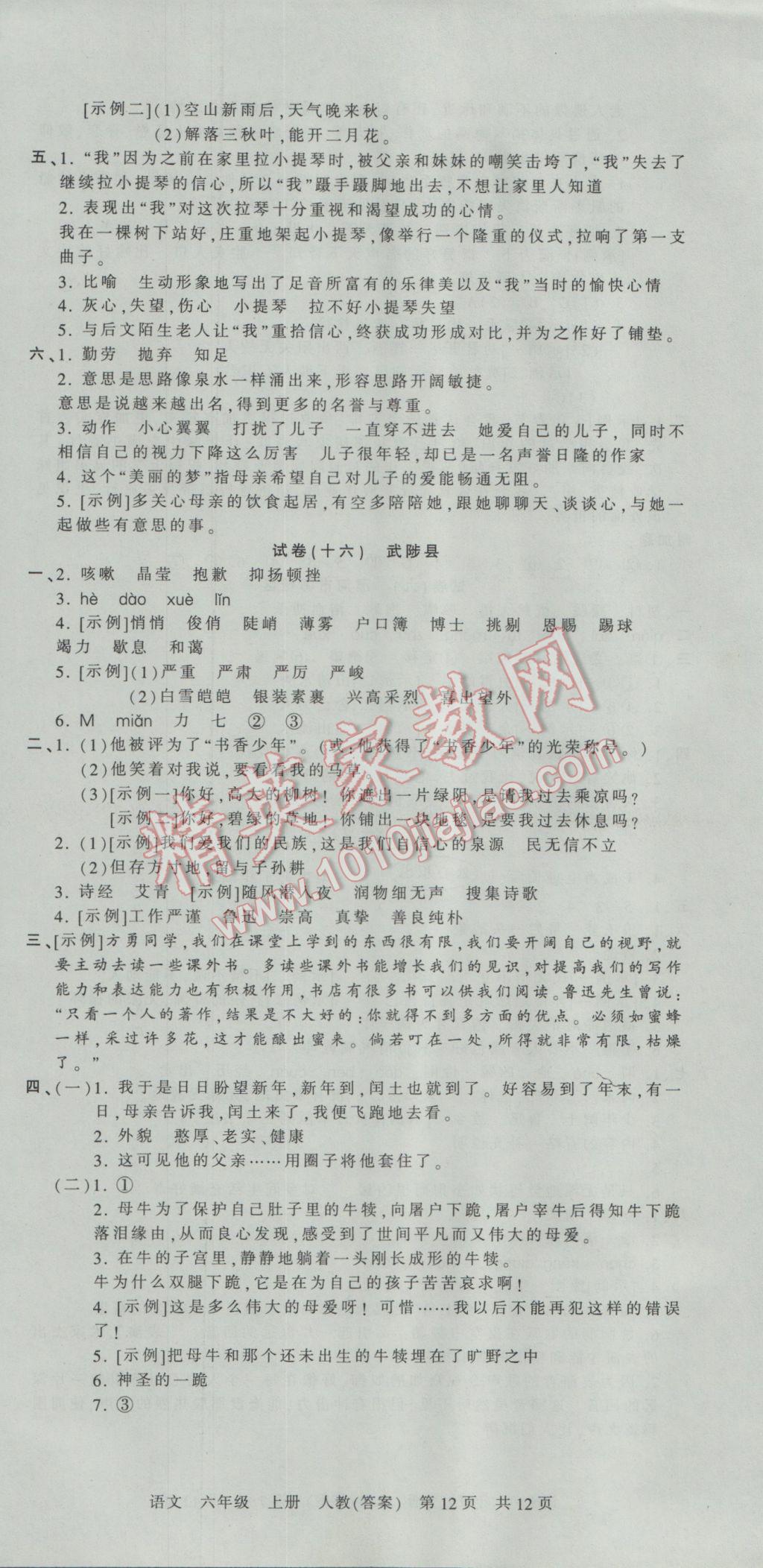 2016年王朝霞各地期末试卷精选六年级语文上册人教版河南专版 参考答案第12页