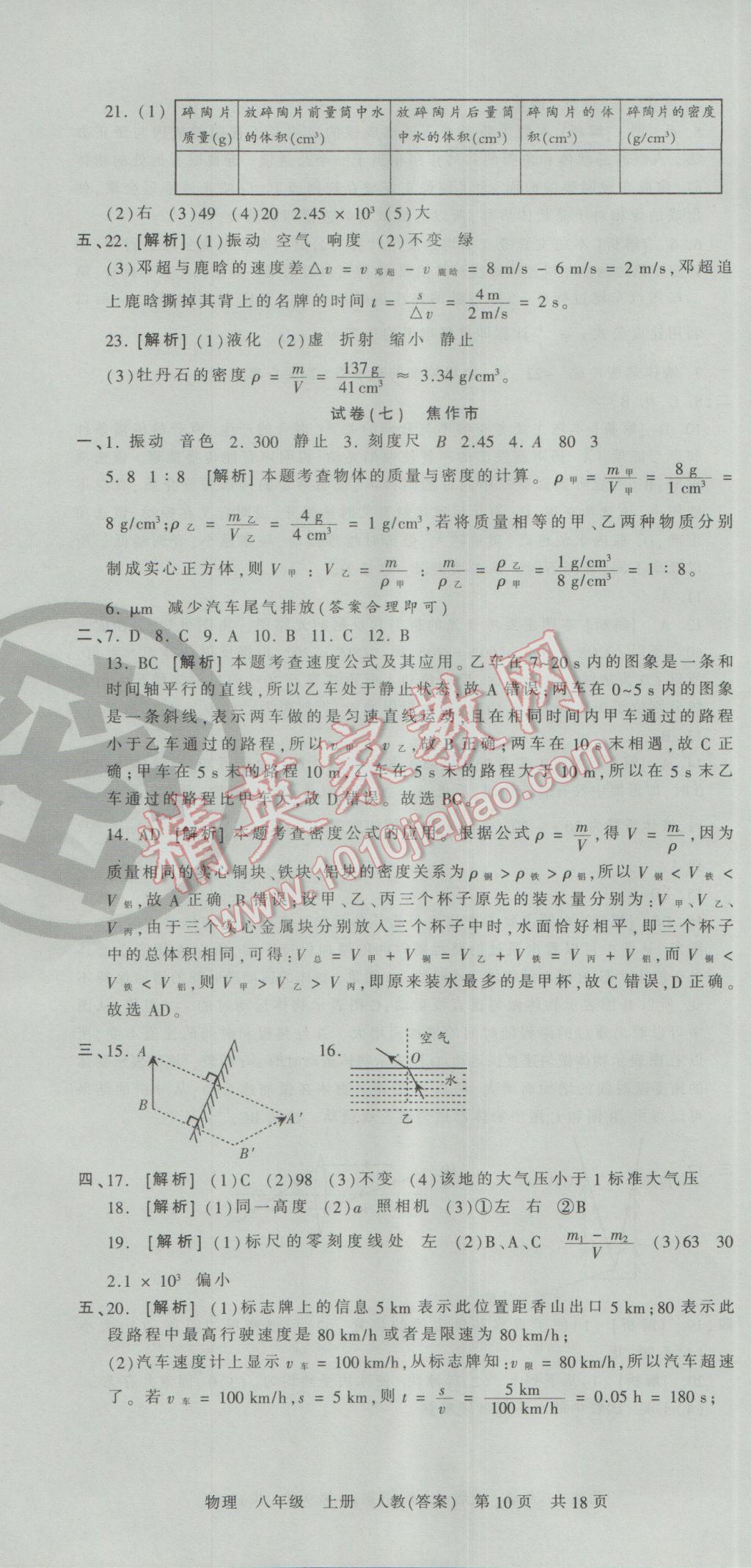 2016年王朝霞各地期末试卷精选八年级物理上册人教版河南专版 参考答案第10页