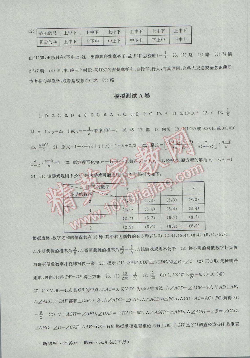 2017年江苏密卷九年级数学下册江苏版 参考答案第11页