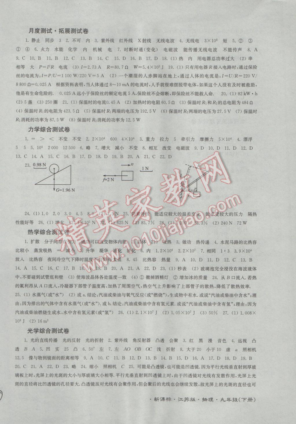 2017年江苏密卷九年级物理下册江苏版 参考答案第6页