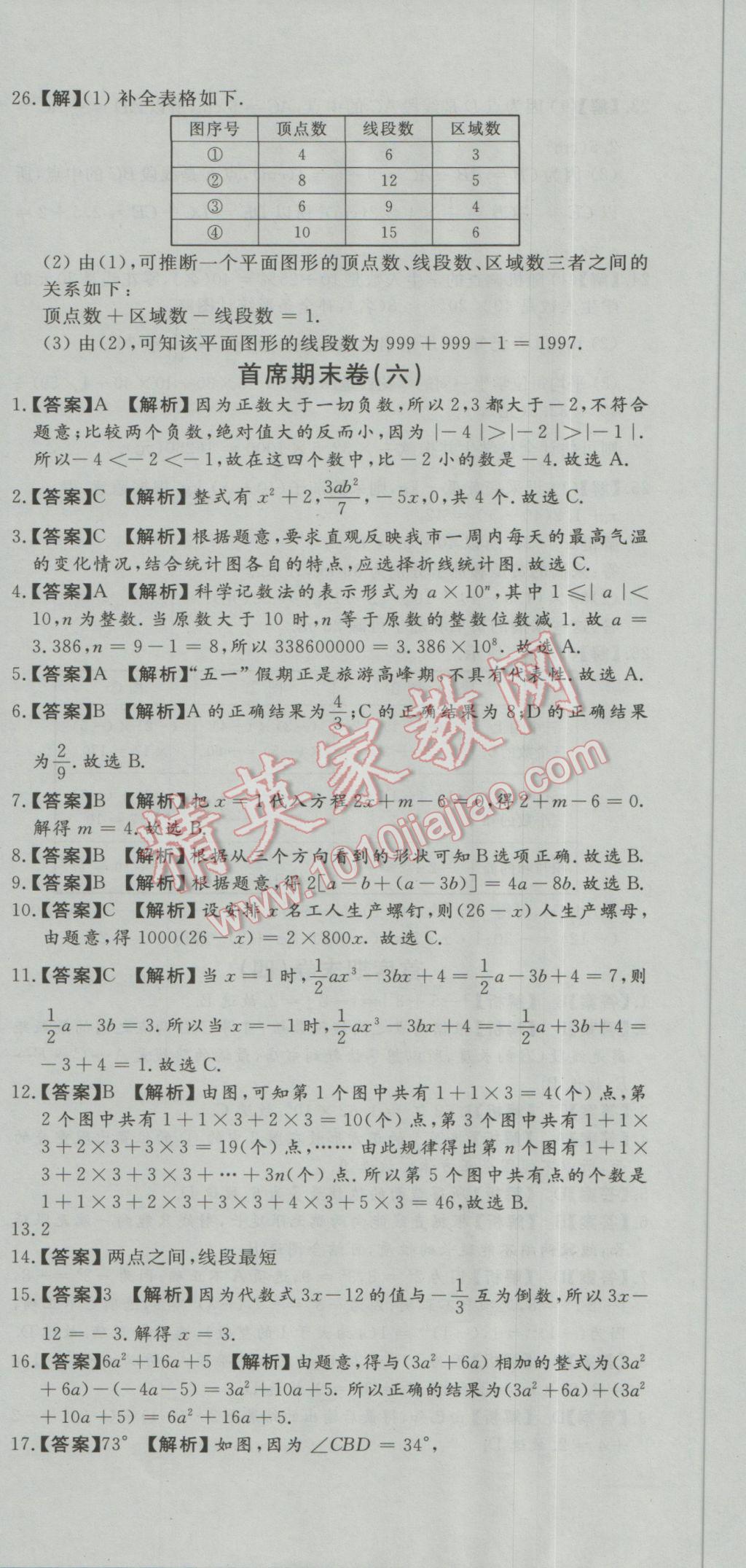 2016年首席期末8套卷七年级数学上册北师大版 参考答案第12页