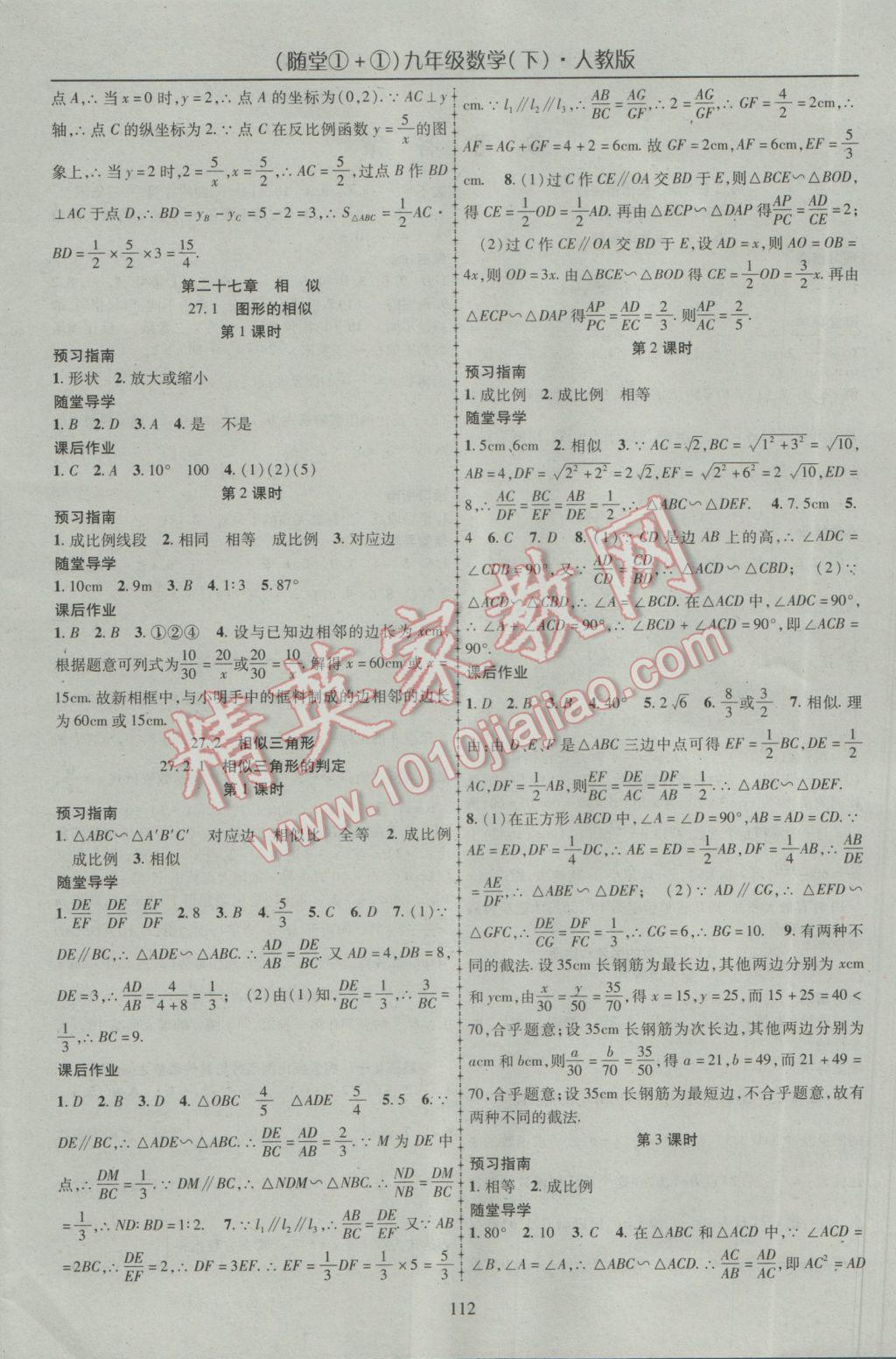 2017年隨堂1加1導(dǎo)練九年級數(shù)學(xué)下冊人教版 參考答案第4頁