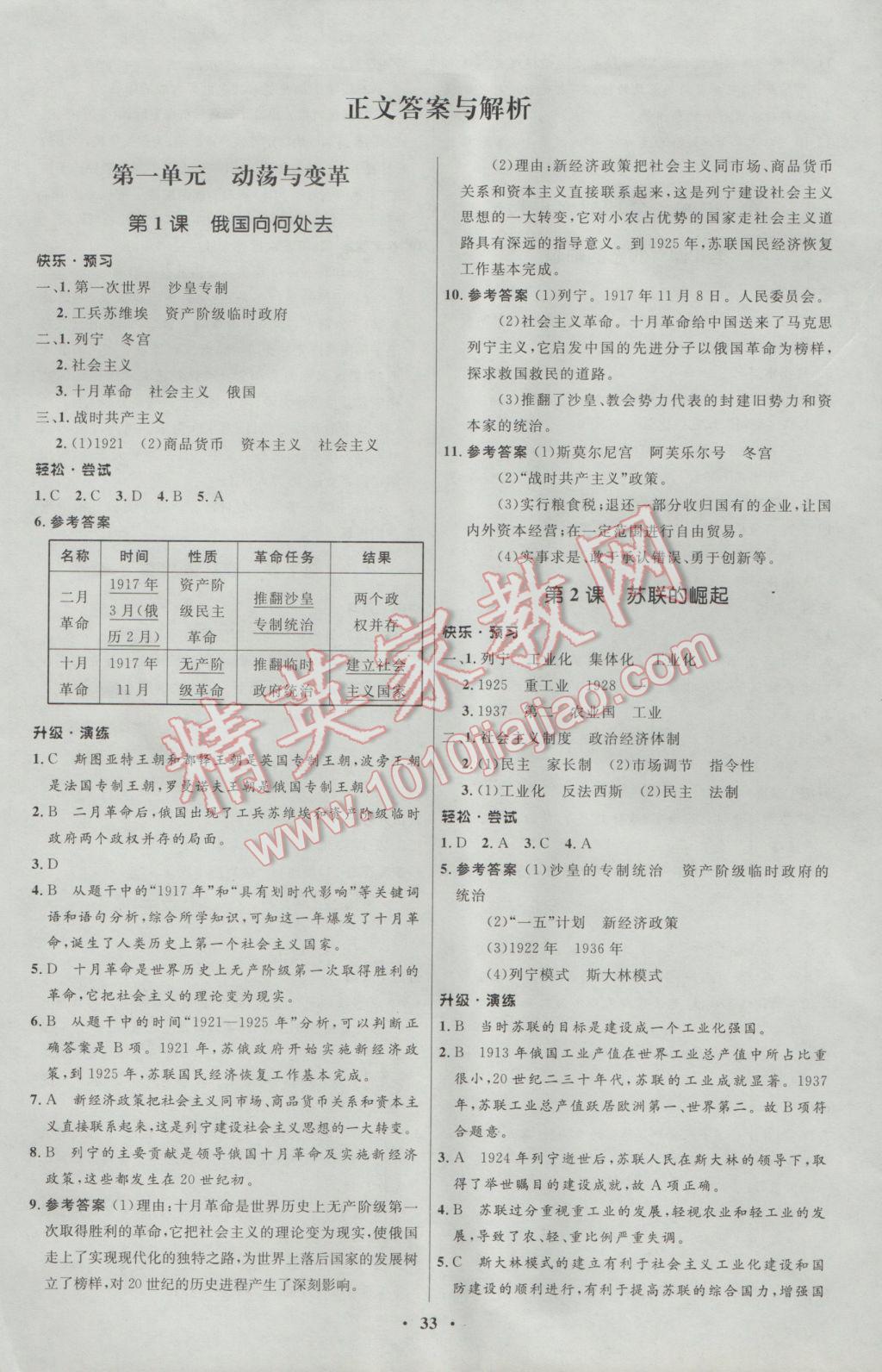 2017年初中同步测控优化设计九年级历史下册北师大版 参考答案第1页