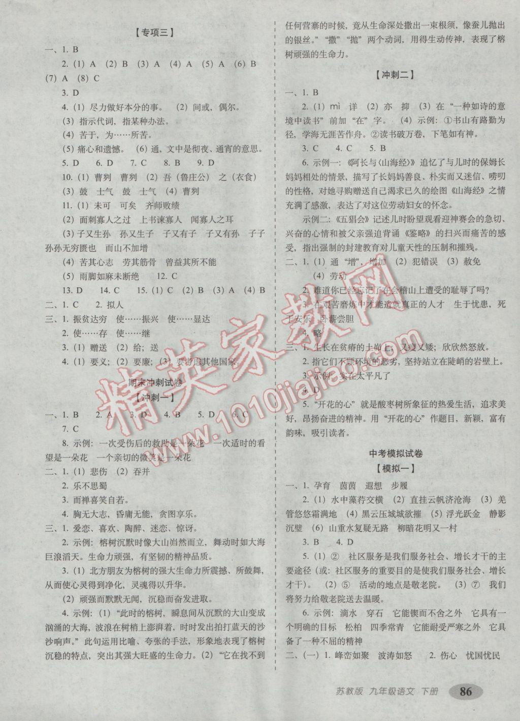 2017年聚能闯关期末复习冲刺卷九年级语文下册苏教版 参考答案第6页