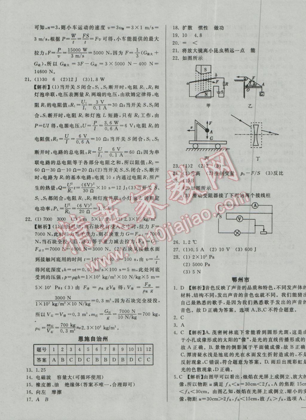 2017年庠序策划中考必备湖北省中考试题汇编物理 参考答案第19页