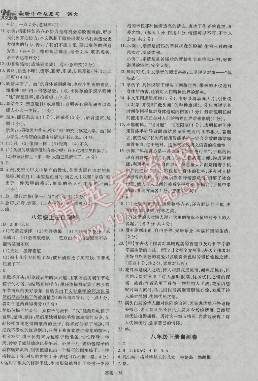 2017年洪文教育河南最新中考总复习语文课标版 参考答案第38页