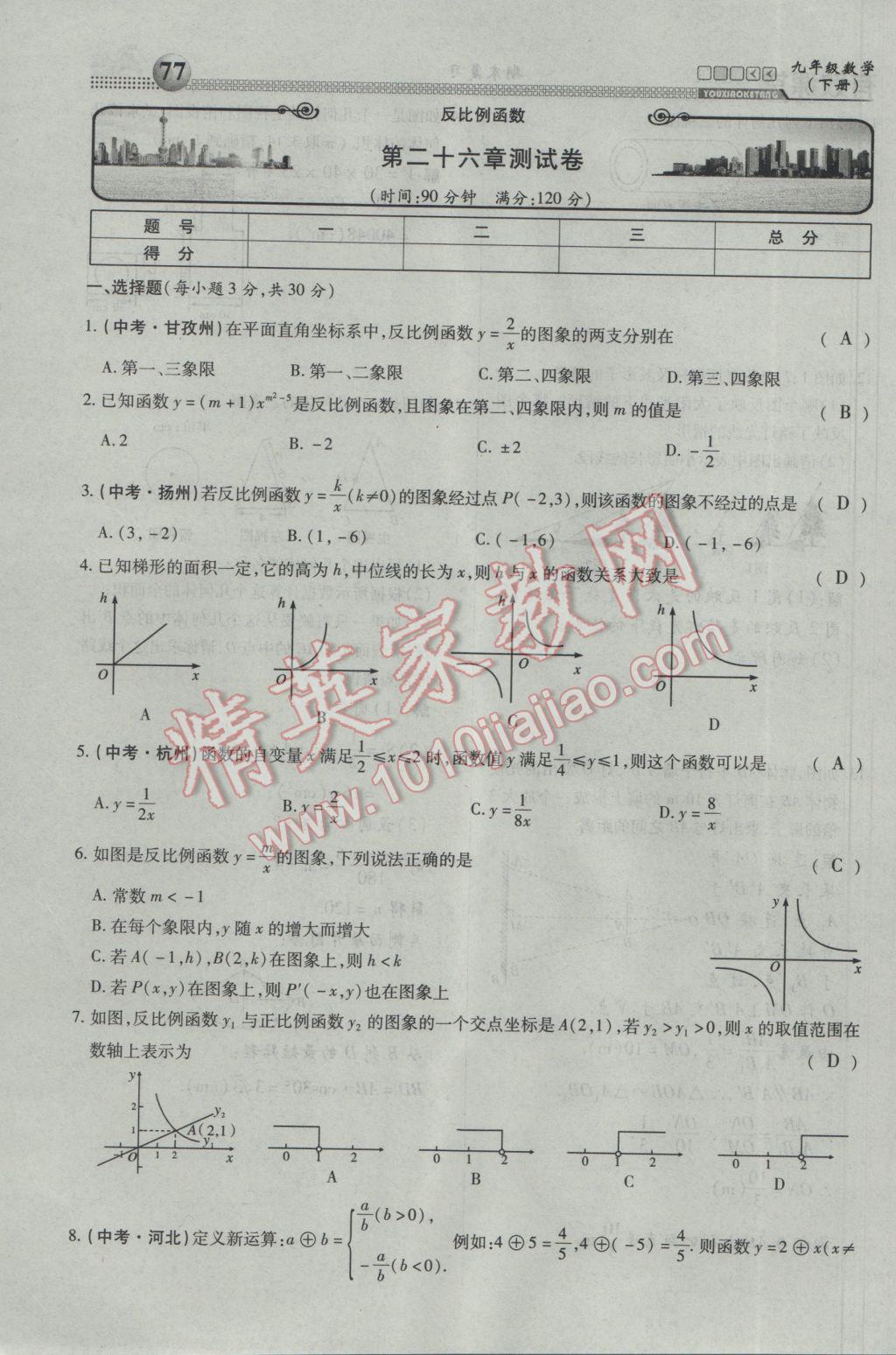 2017年有效課堂課時導學案九年級數學下冊 第三部分 綜合測試第68頁