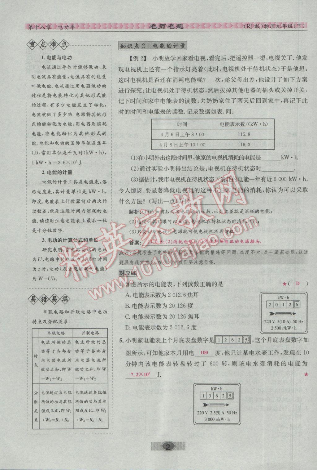 2017年優(yōu)學名師名題九年級物理下冊人教版 第十八章 電功率