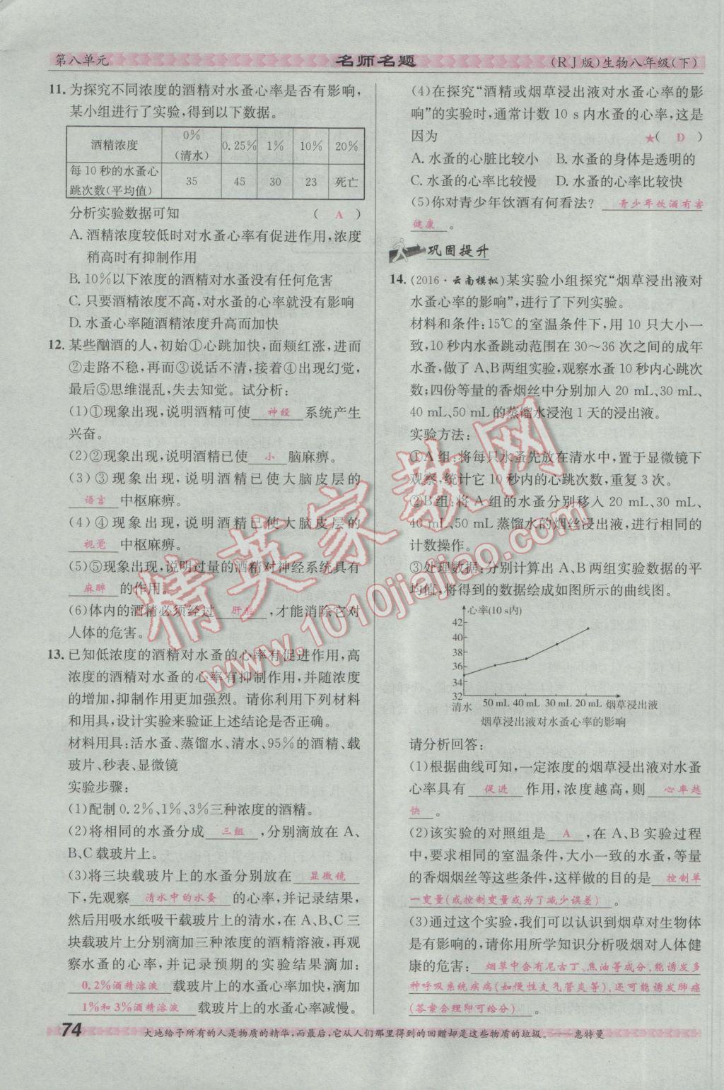 2017年優(yōu)學(xué)名師名題八年級生物下冊人教版 第八單元 健康的生活