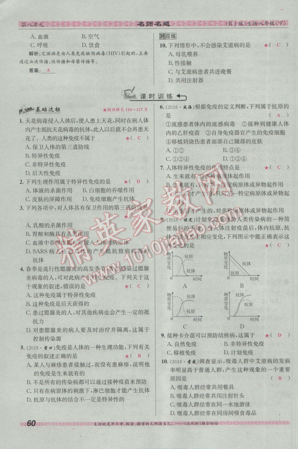 2017年優(yōu)學(xué)名師名題八年級(jí)生物下冊(cè)人教版 第八單元 健康的生活