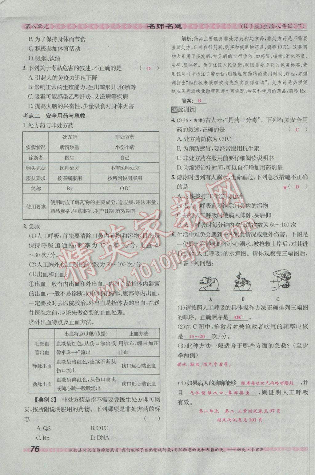 2017年優(yōu)學(xué)名師名題八年級生物下冊人教版 第八單元 健康的生活