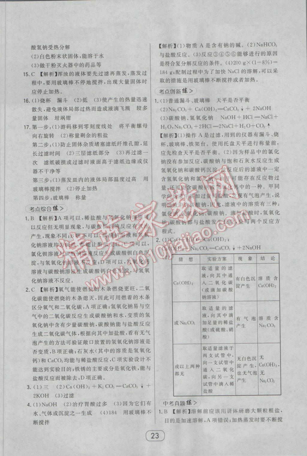 2017年北大绿卡课时同步讲练九年级下化学人教版 参考答案第31页