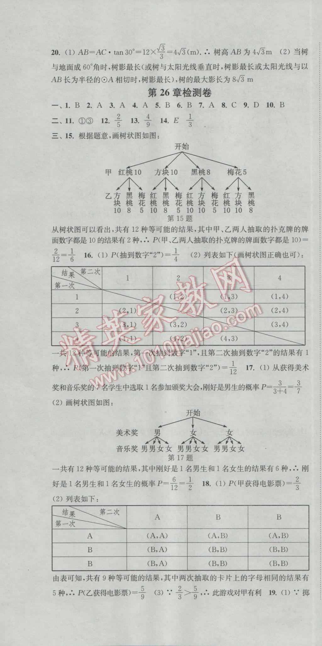 2017年通城学典活页检测九年级数学下册沪科版 参考答案第16页