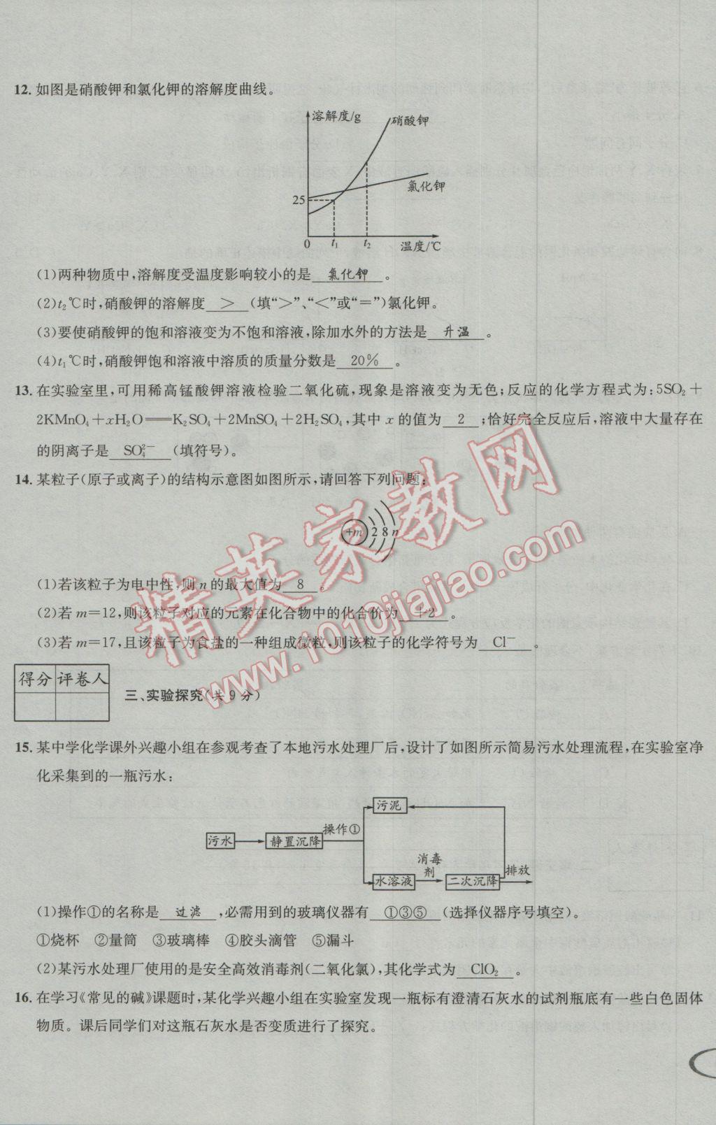 2017年决胜中考化学南充专版 活页测试卷参考答案第31页