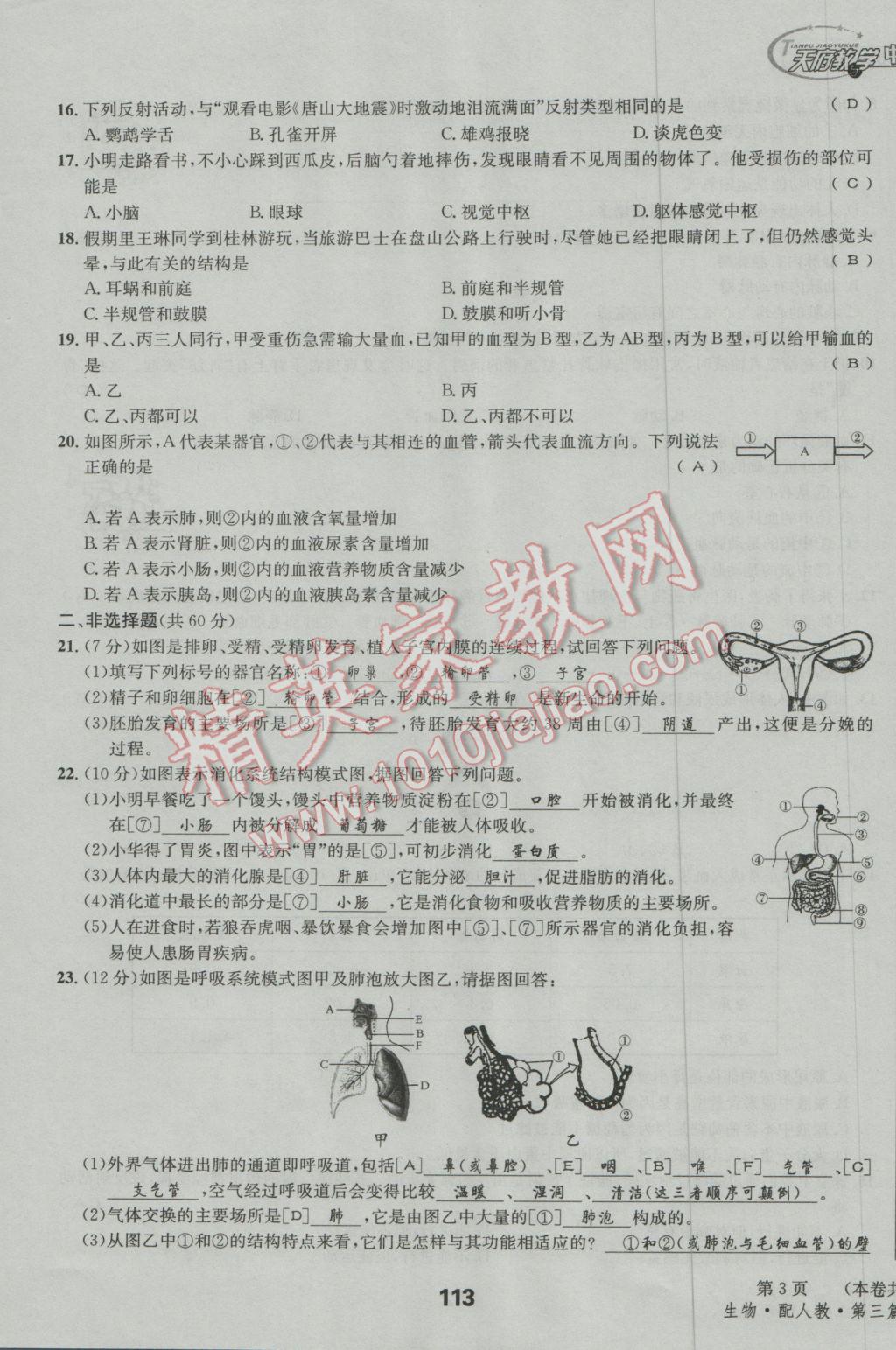 2017年天府教与学四川中考复习与训练生物人教版 试卷参考答案第116页