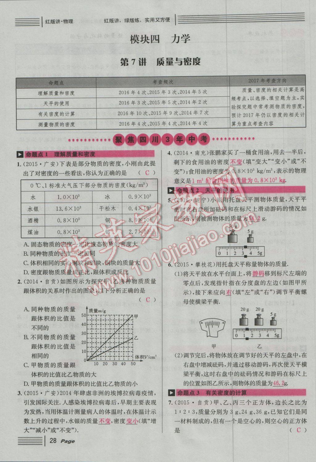 2017年南充火線100天中考滾動復習法物理 紅版講模塊四參考答案第134頁