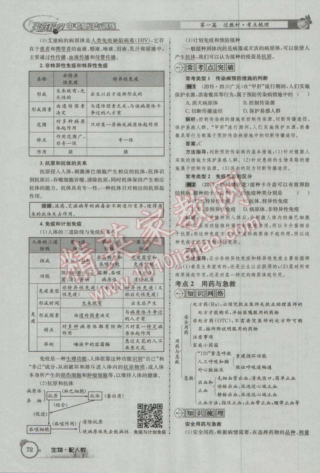 2017年天府教与学四川中考复习与训练生物人教版 第一篇参考答案第75页