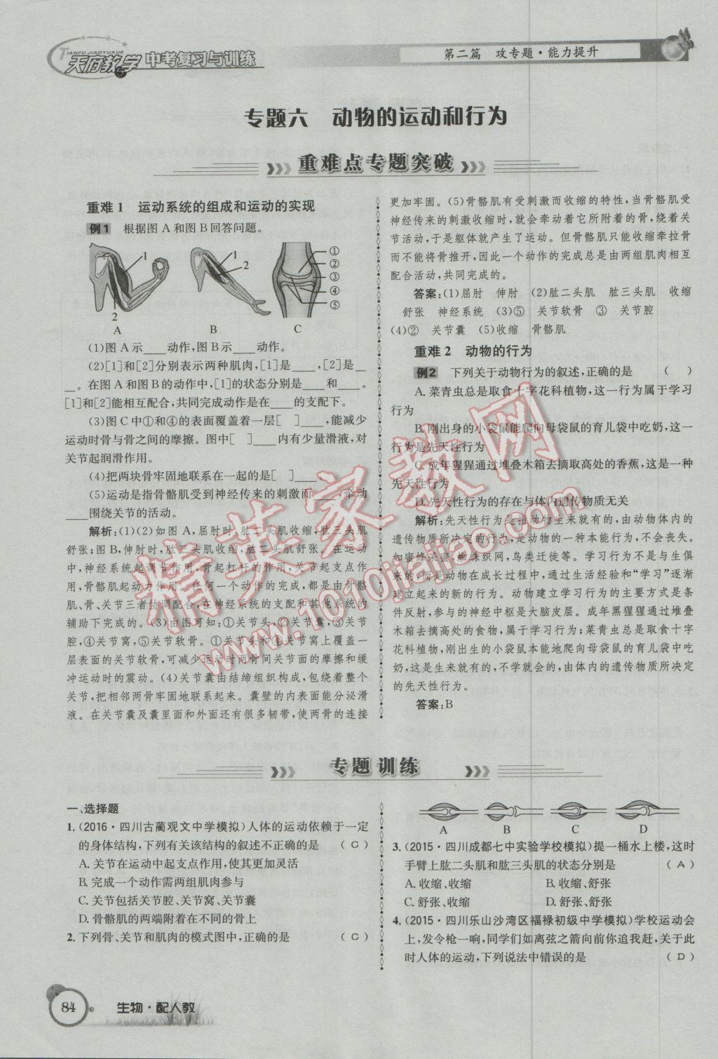 2017年天府教与学四川中考复习与训练生物人教版 第二篇参考答案第87页