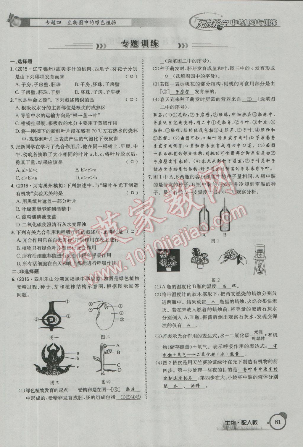 2017年天府教與學(xué)四川中考復(fù)習(xí)與訓(xùn)練生物人教版 第二篇參考答案第84頁