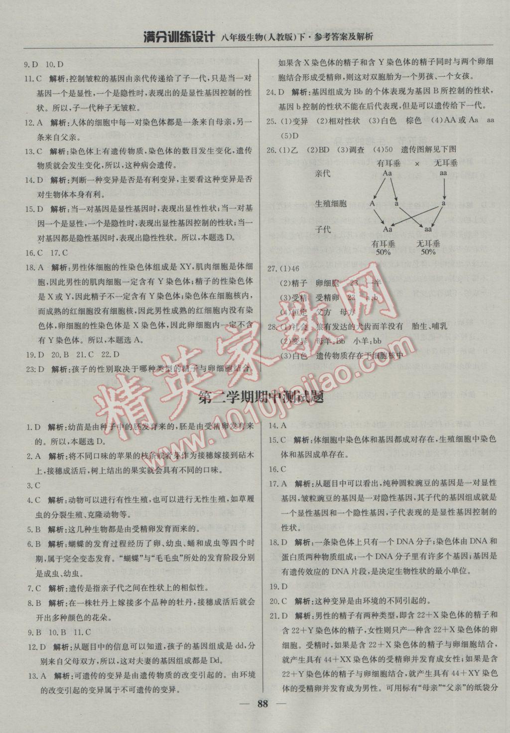 2017年滿分訓(xùn)練設(shè)計八年級生物下冊人教版 參考答案第9頁