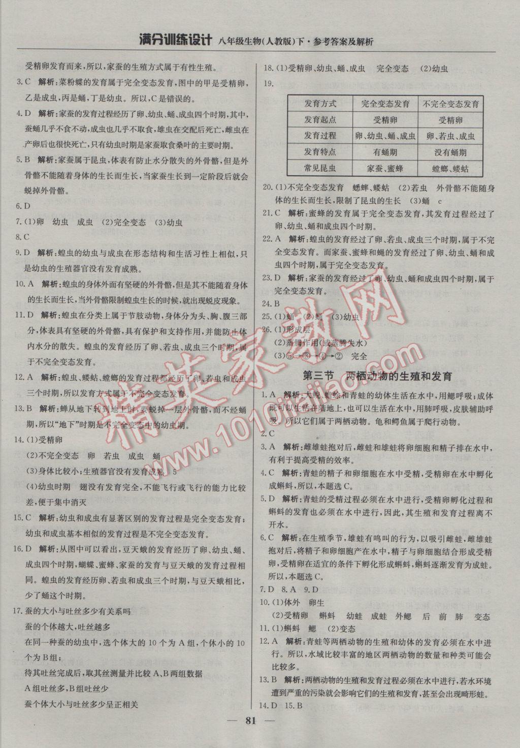 2017年满分训练设计八年级生物下册人教版 参考答案第2页