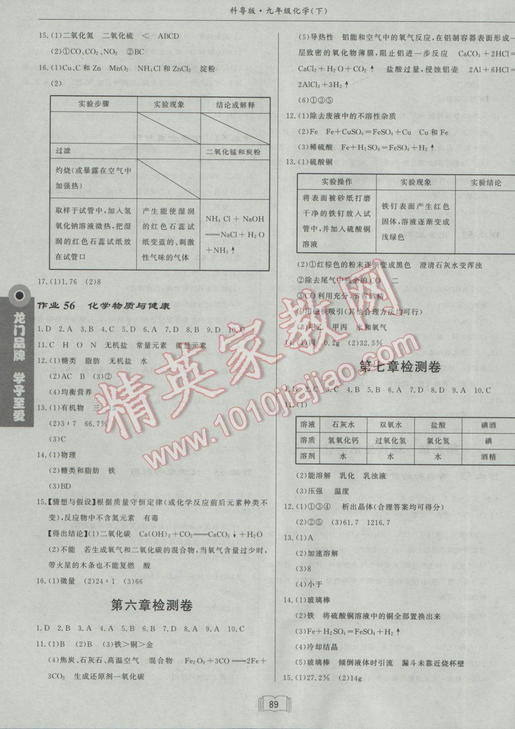 2017年启东中学作业本九年级化学下册科粤版 参考答案第7页