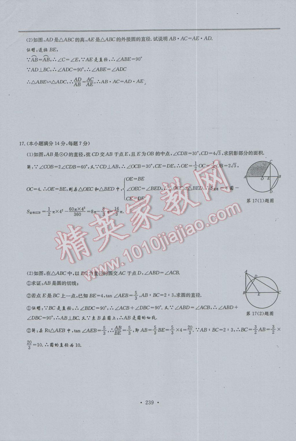 2017年新策略中考复习最佳方案同步训练数学 试题参考答案第241页