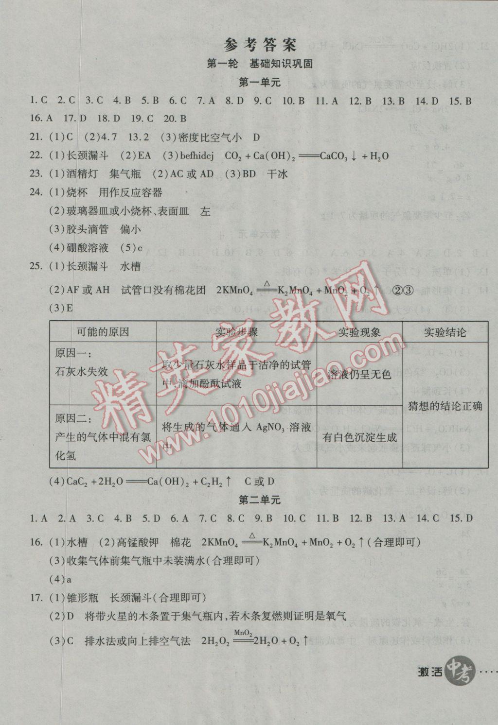 2017年初中學(xué)業(yè)水平測(cè)試用書(shū)激活中考化學(xué)人教版 參考答案第1頁(yè)