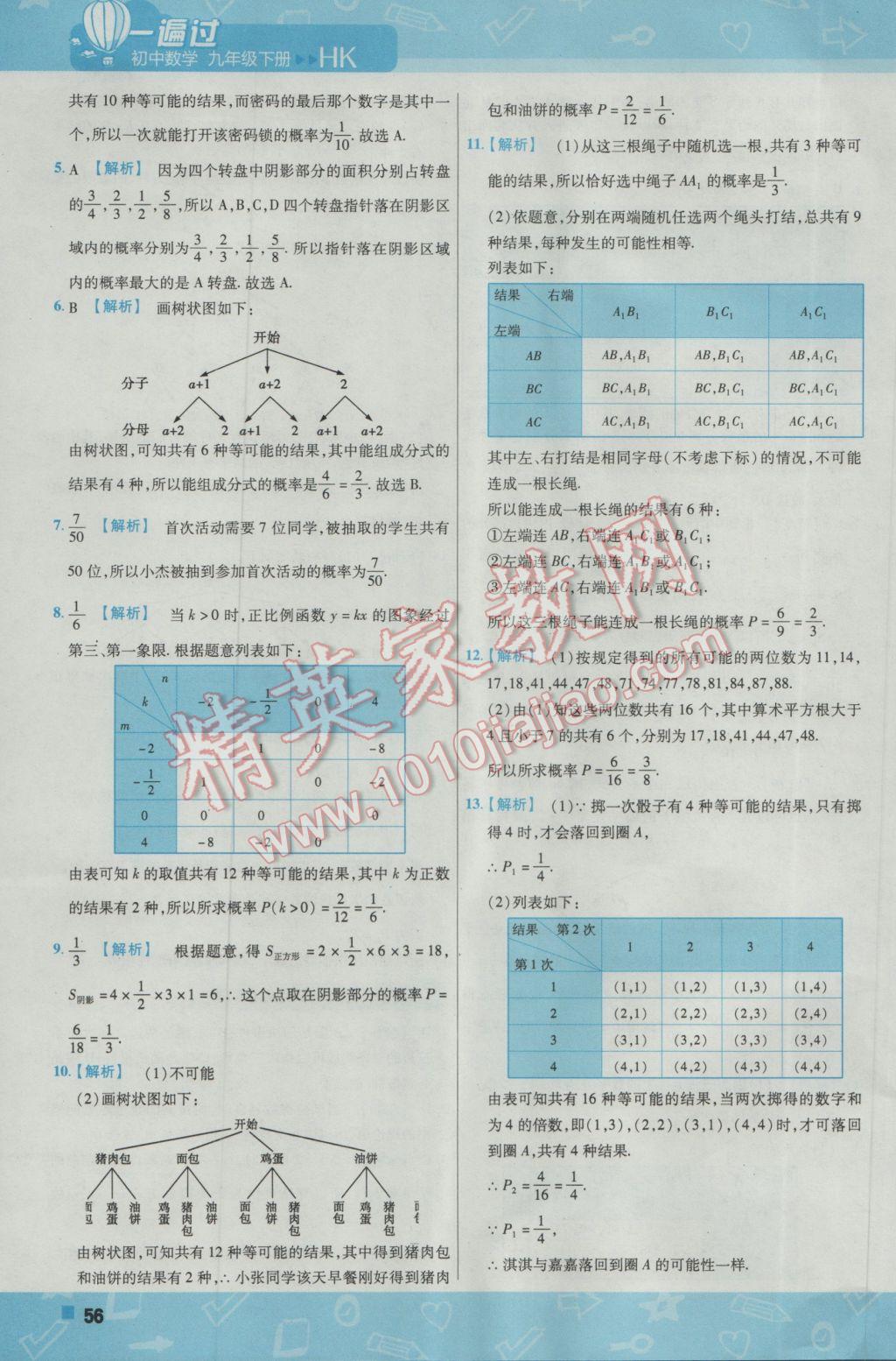 2017年一遍過初中數(shù)學(xué)九年級下冊滬科版 參考答案第56頁