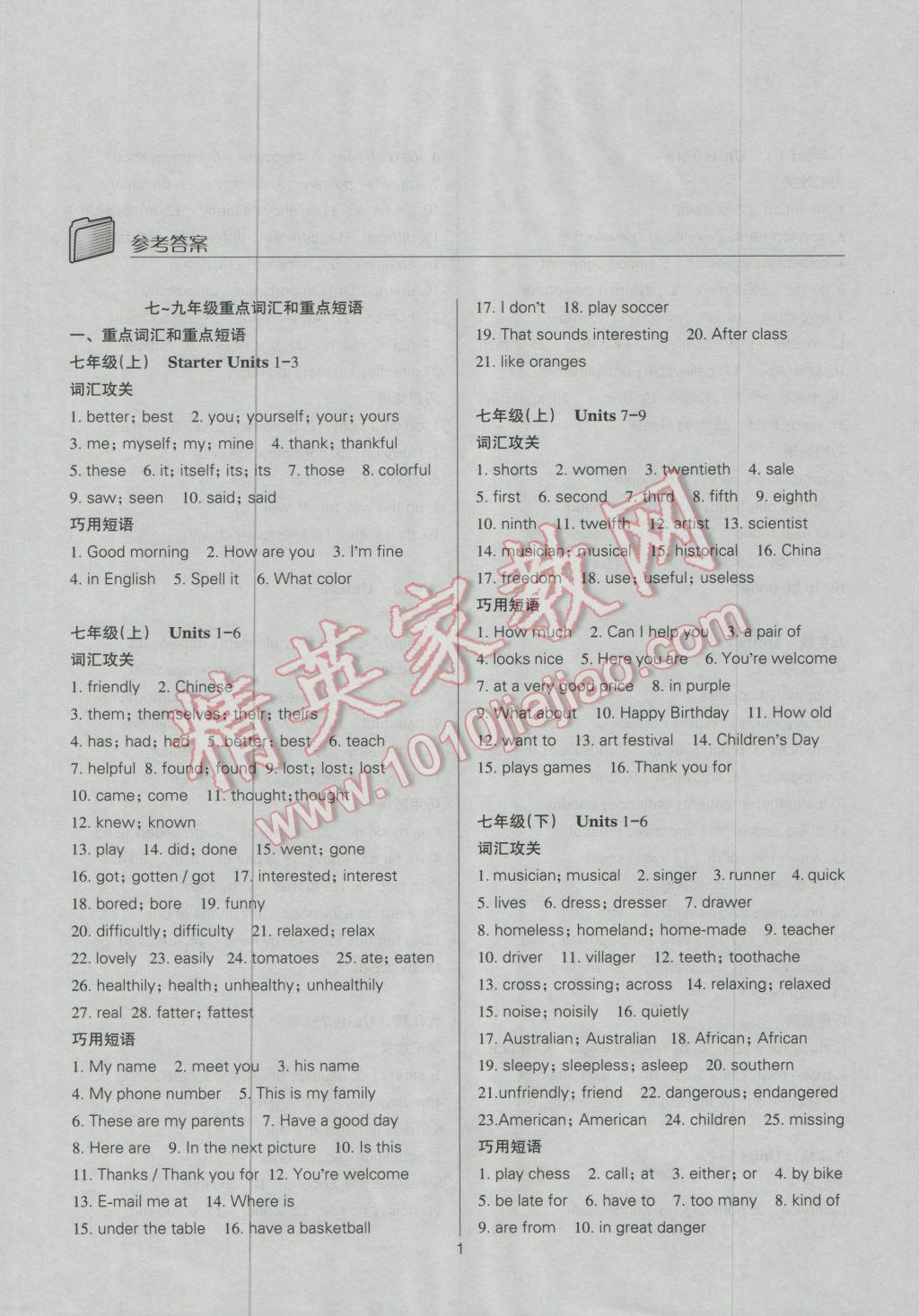 2017年山西省中考指导英语 参考答案第1页