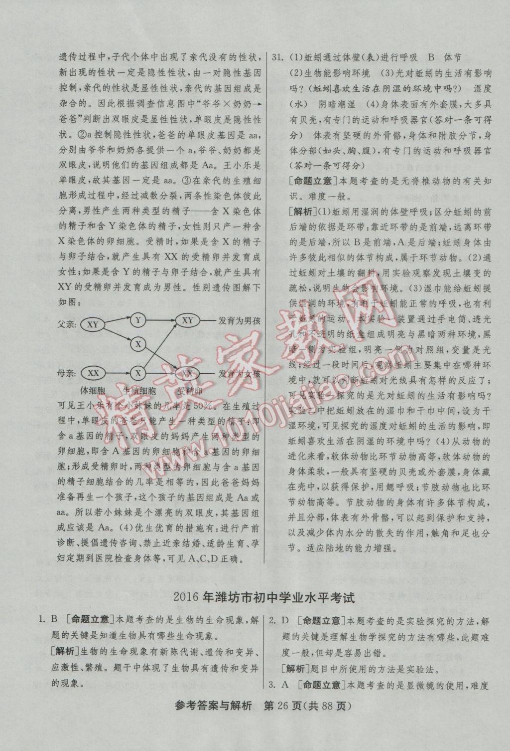 2017年春雨教育考必勝山東省中考試卷精選生物 參考答案第26頁