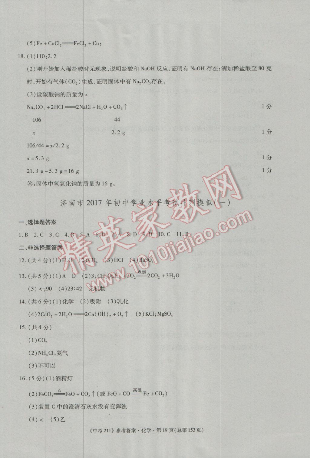 2017年中考211化學(xué)濟(jì)南專版 參考答案第19頁