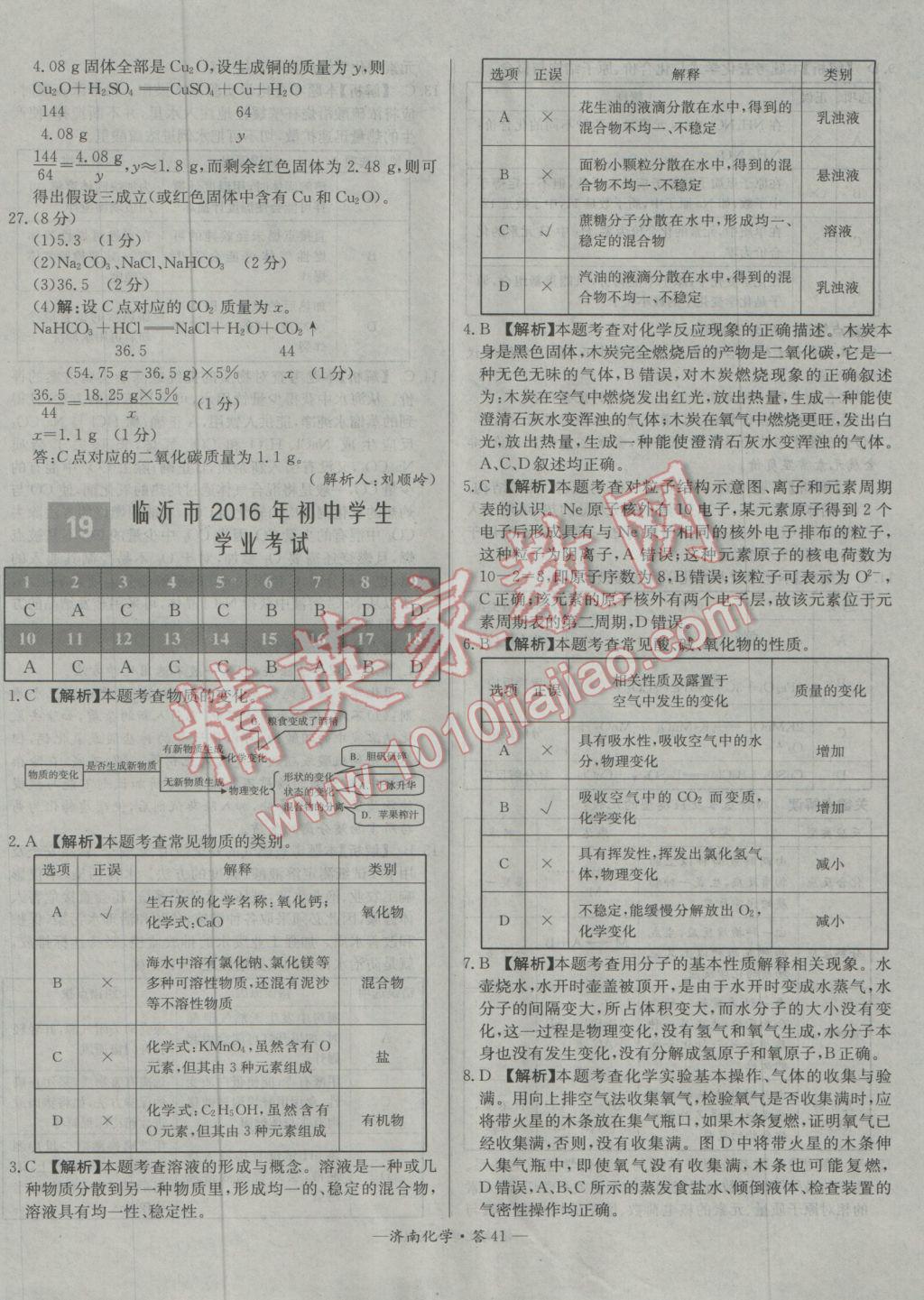 2017年天利38套济南市中考试题精选化学 参考答案第41页