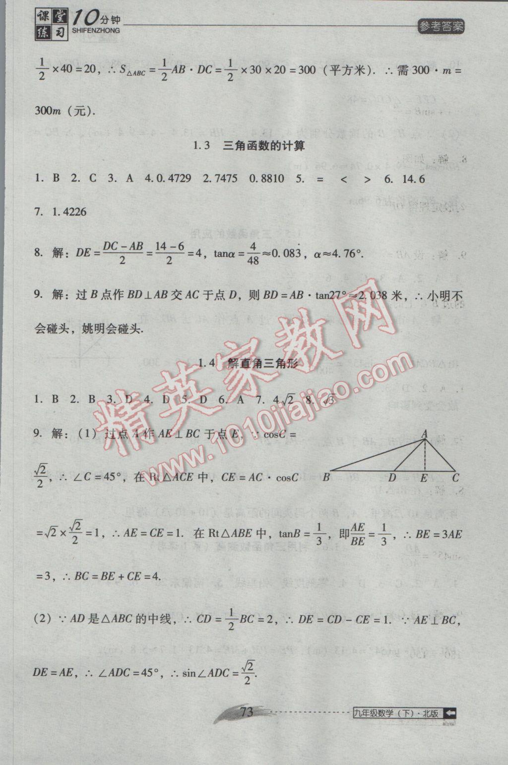 2017年翻转课堂课堂10分钟九年级数学下册北师大版 参考答案第3页