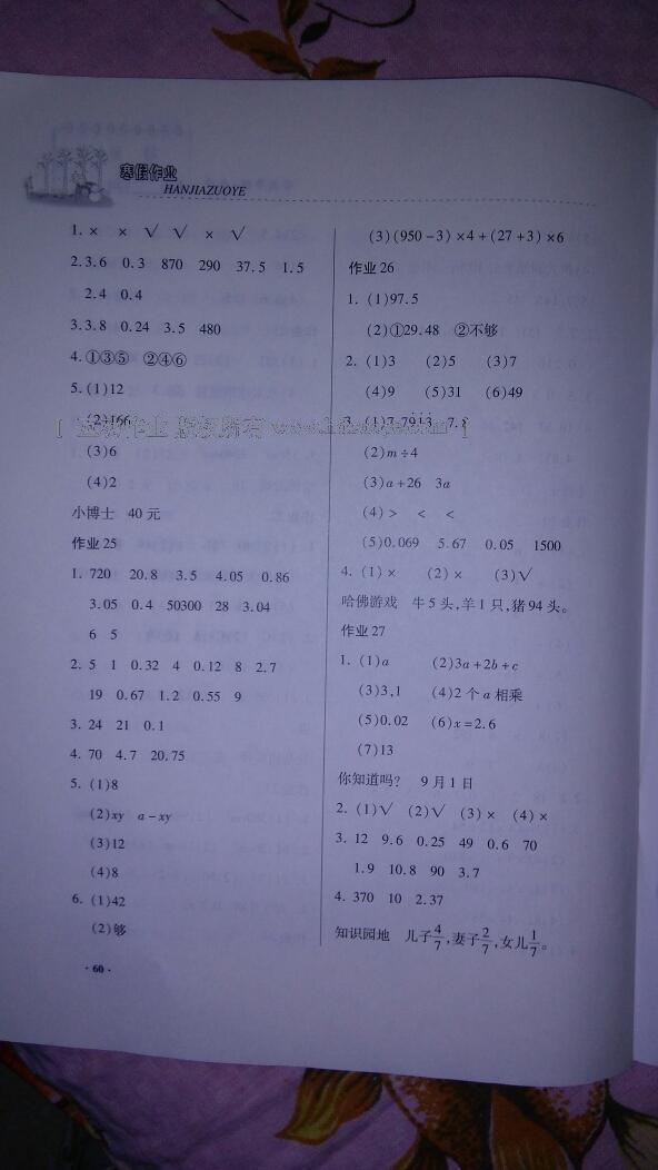 2017年寒假作业五年级数学内蒙古大学出版社 第20页