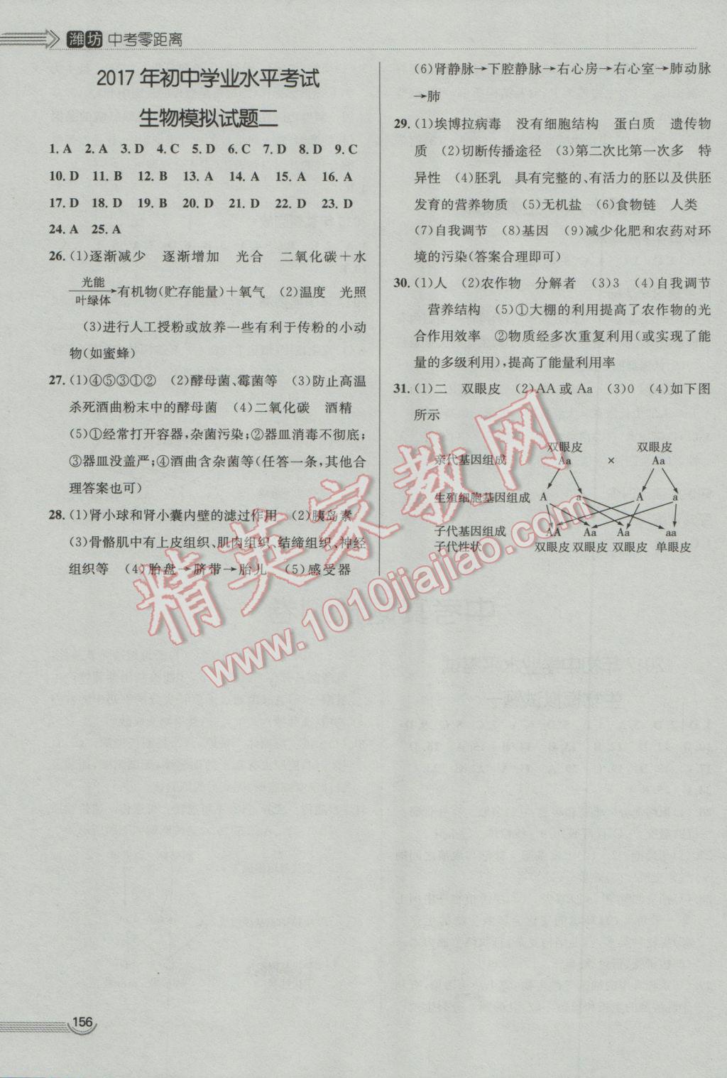 2017年中考零距離生物濰坊中考專用 參考答案第16頁(yè)