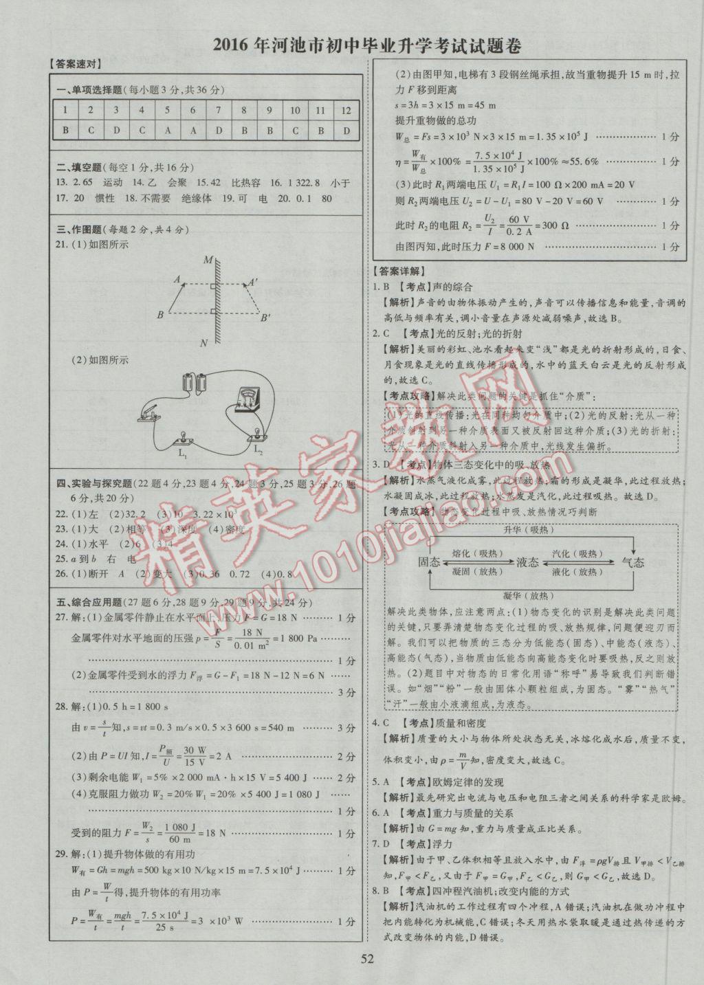 2017年中考2016廣西命題大解密物理陽光出版社 參考答案第53頁