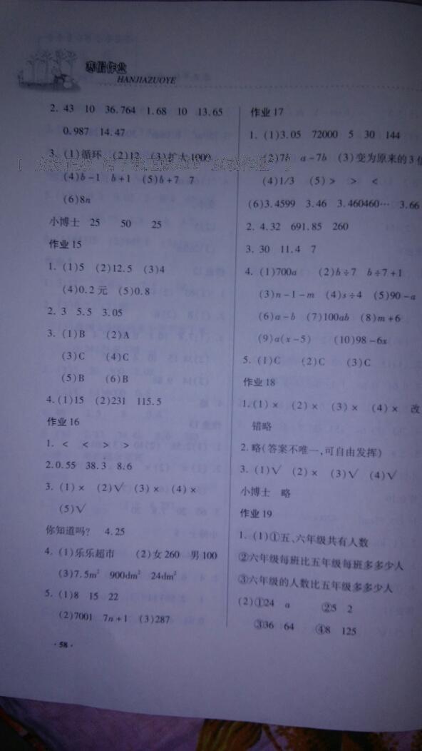 2017年寒假作业五年级数学内蒙古大学出版社 第18页