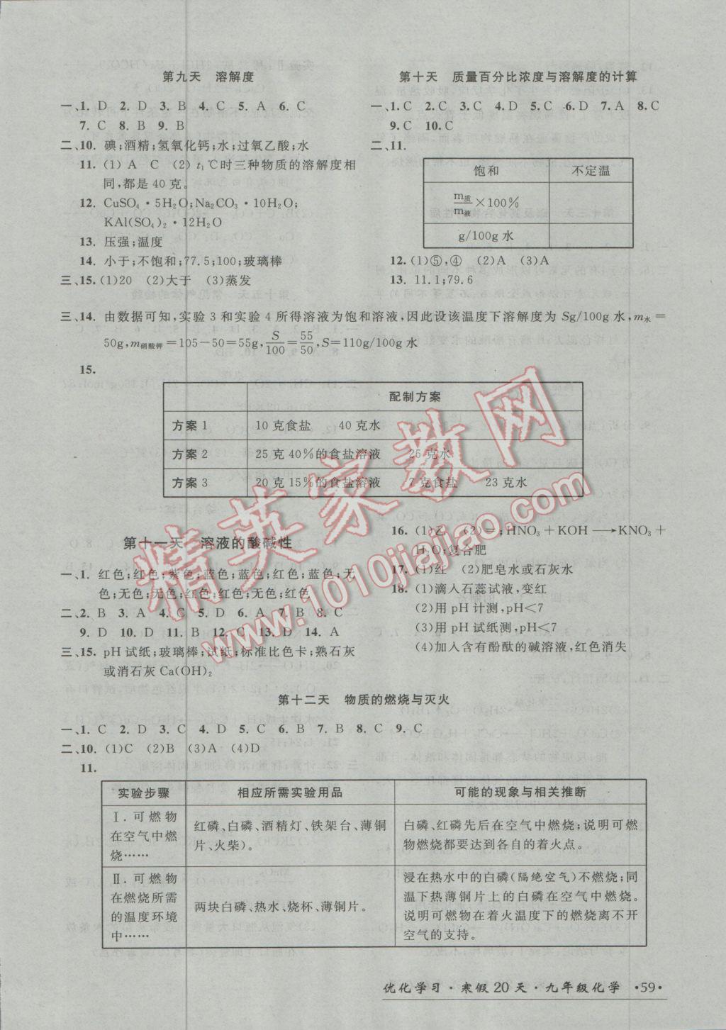 2017年优化学习寒假20天九年级化学上海地区专用 参考答案第4页