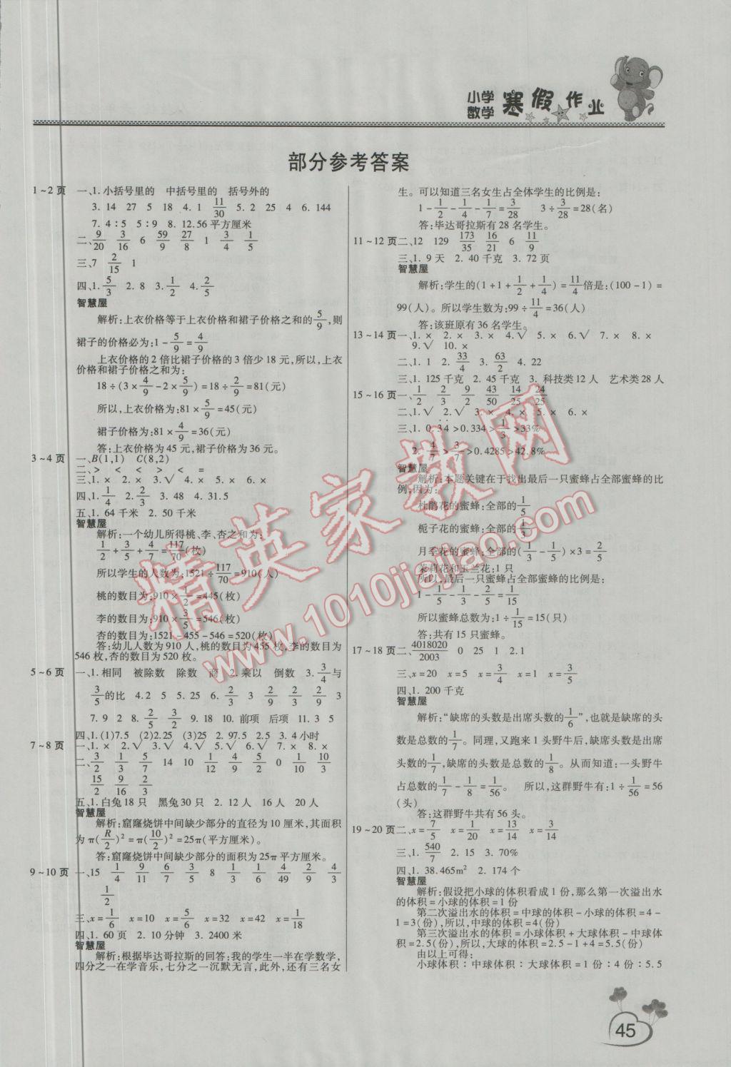 2017年新锐图书假期园地寒假作业六年级数学人教版 参考答案第1页