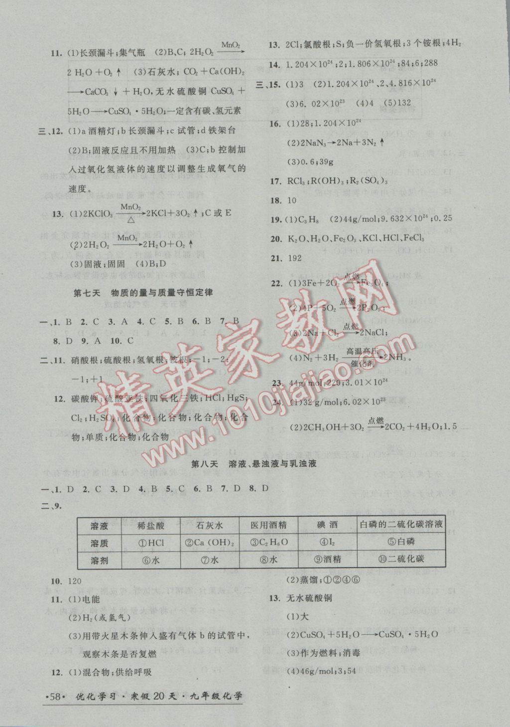 2017年优化学习寒假20天九年级化学上海地区专用 参考答案第3页