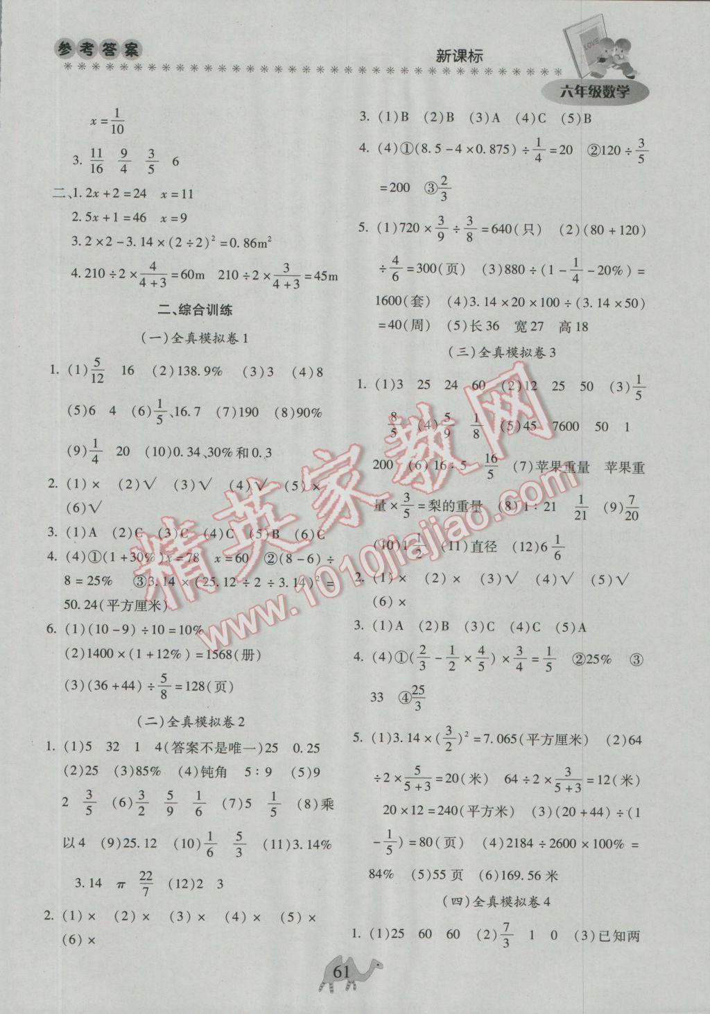 2017年云南本土教辅轻松寒假总复习六年级数学人教版 参考答案第3页