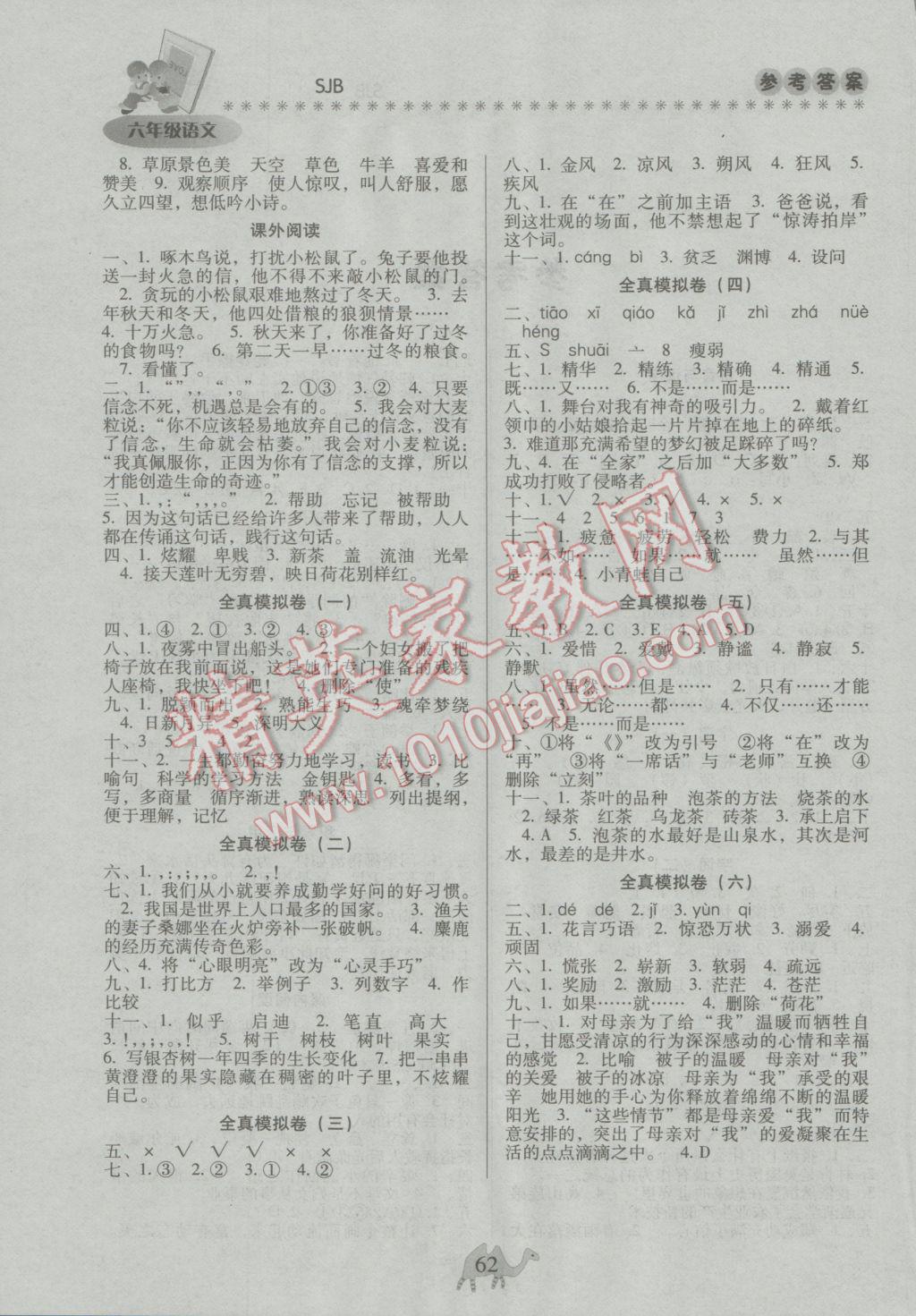 2017年云南本土教辅轻松寒假总复习六年级语文苏教版 参考答案第2页