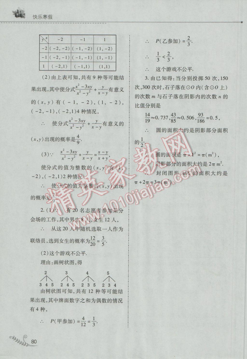 2017年快乐寒假九年级数学人教版山西教育出版社 参考答案第22页