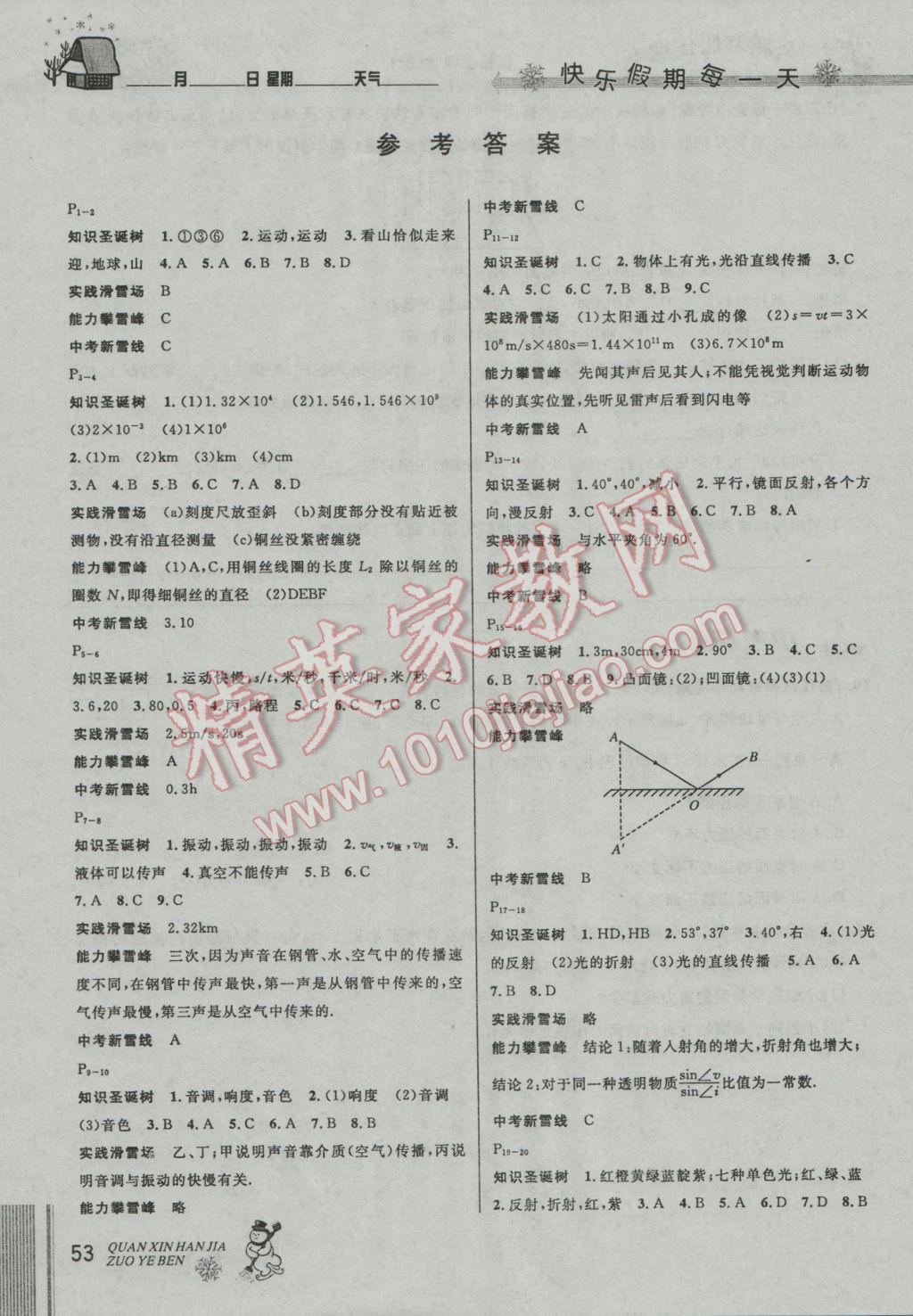 2017年優(yōu)秀生快樂假期每一天全新寒假作業(yè)本八年級物理滬科版 參考答案第1頁