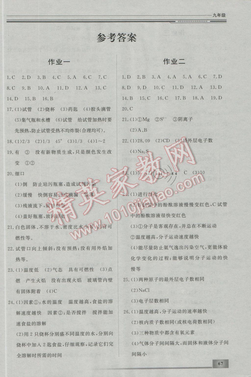 2017年文軒圖書假期生活指導(dǎo)寒九年級(jí)化學(xué) 參考答案第1頁